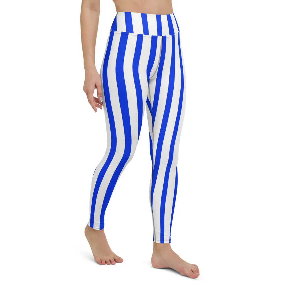 Blue White Striped Yoga Leggings, Vertical Striped Colorful Women's Long Tights-Made in USA/EU