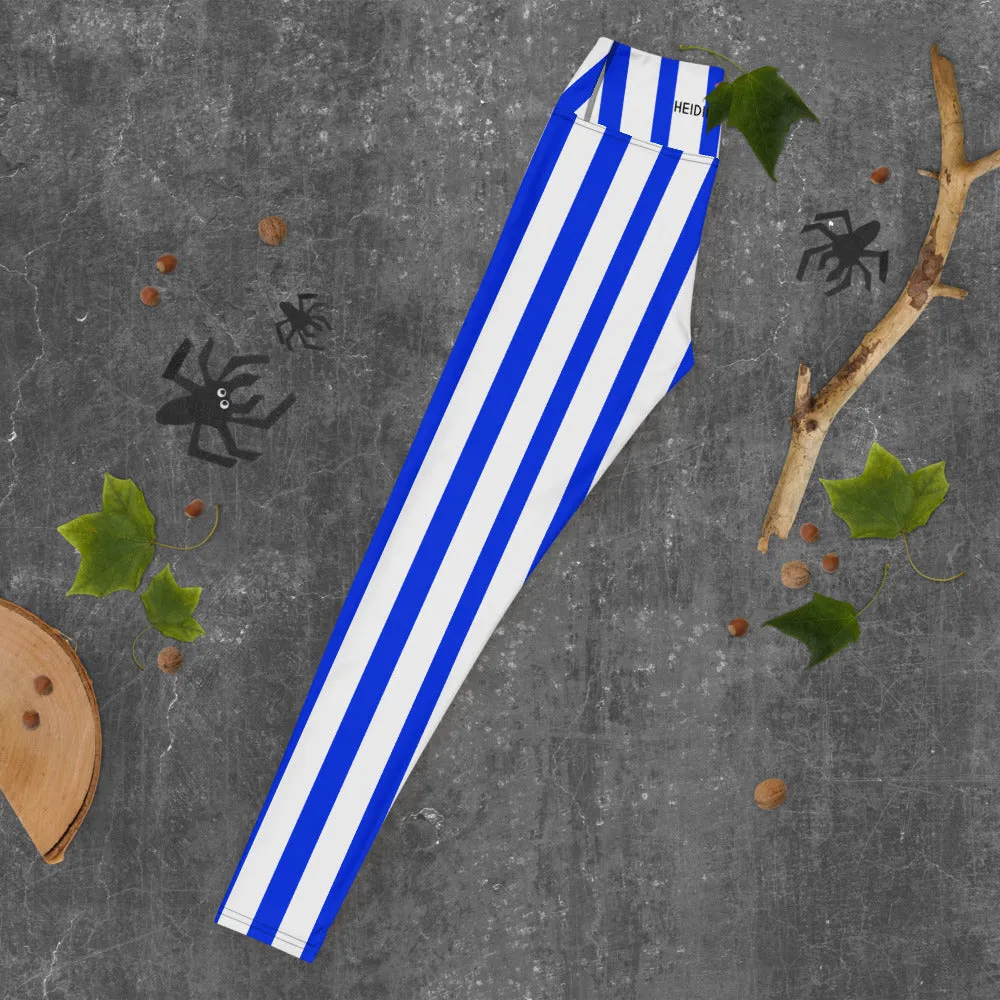 Blue White Striped Yoga Leggings, Vertical Striped Colorful Women's Long Tights-Made in USA/EU