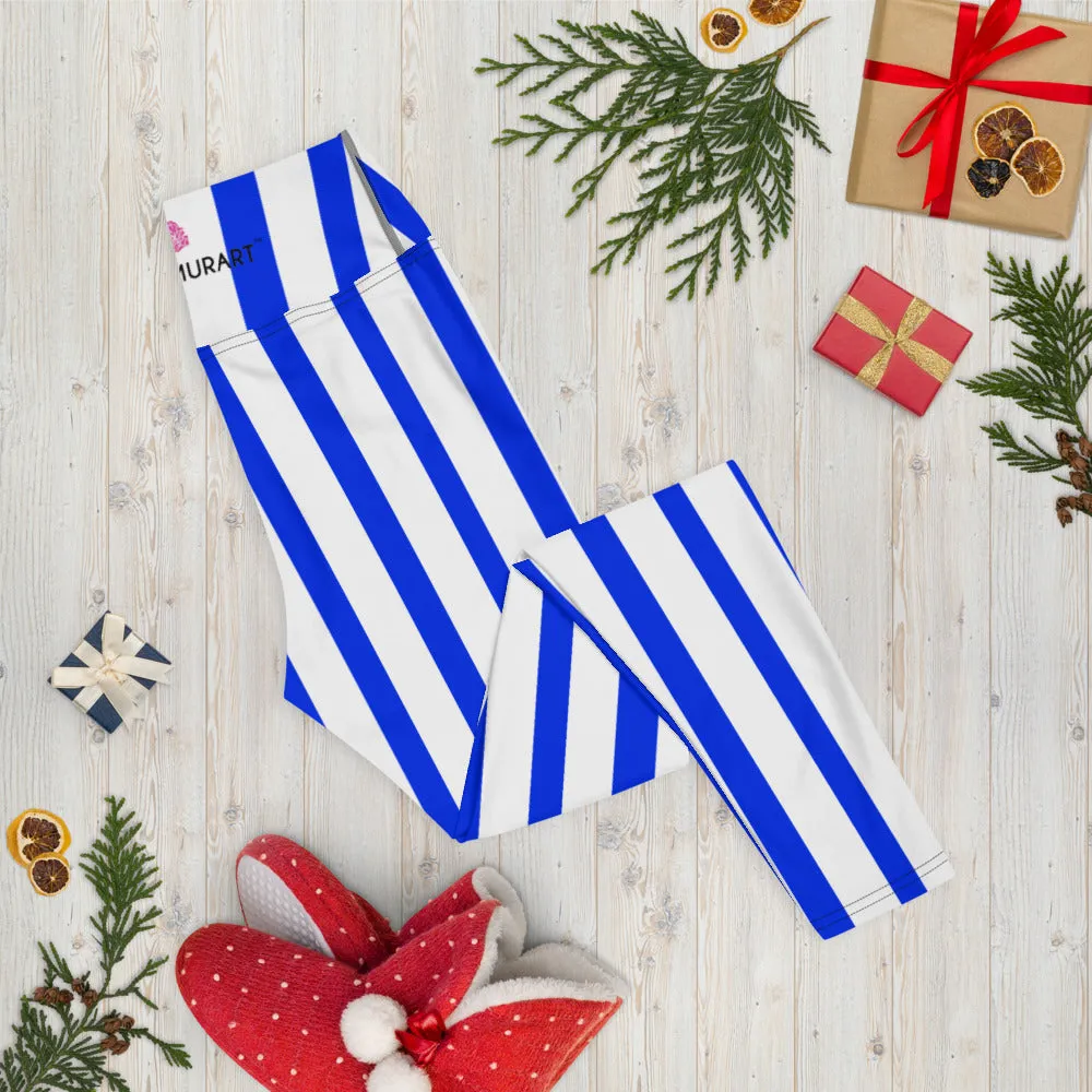 Blue White Striped Yoga Leggings, Vertical Striped Colorful Women's Long Tights-Made in USA/EU
