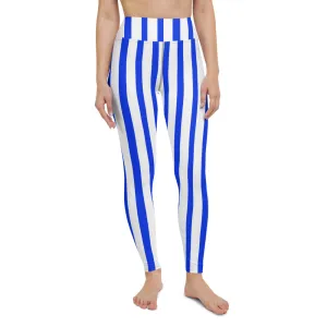 Blue White Striped Yoga Leggings, Vertical Striped Colorful Women's Long Tights-Made in USA/EU