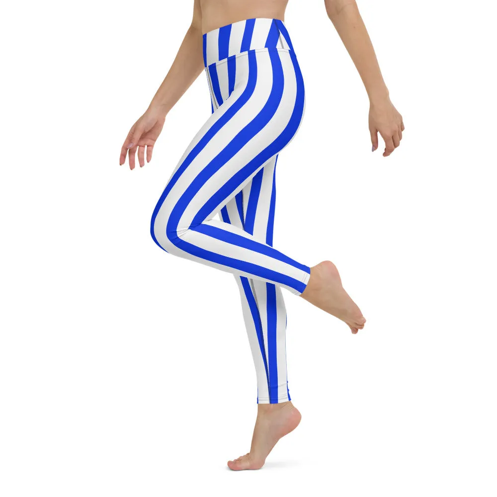 Blue White Striped Yoga Leggings, Vertical Striped Colorful Women's Long Tights-Made in USA/EU