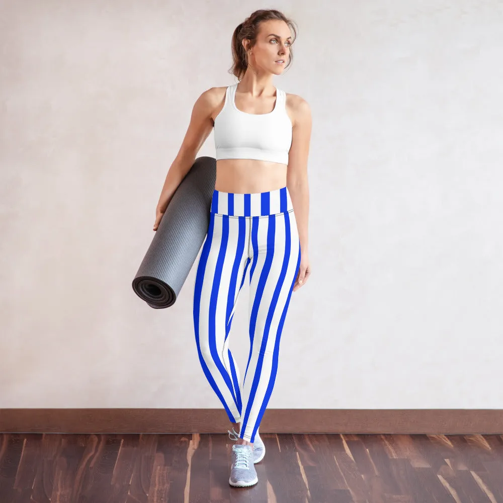 Blue White Striped Yoga Leggings, Vertical Striped Colorful Women's Long Tights-Made in USA/EU