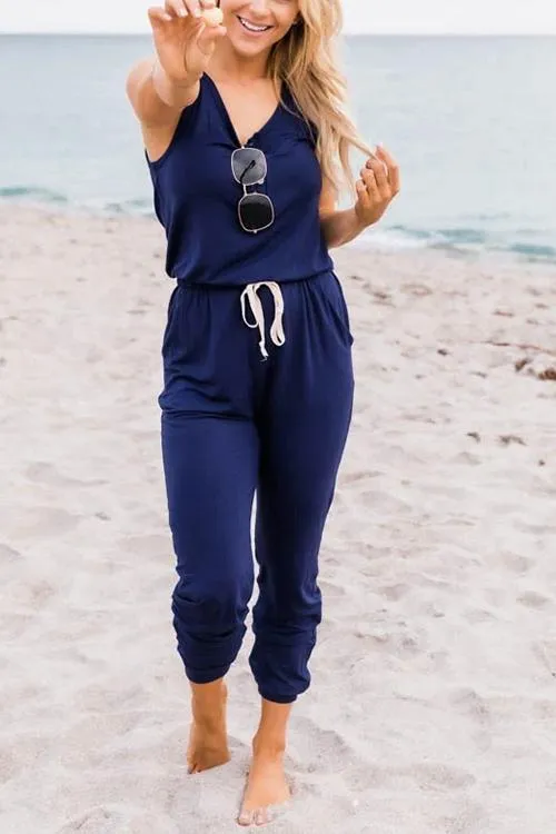 Button Sleeveless Drawstring Jumpsuits