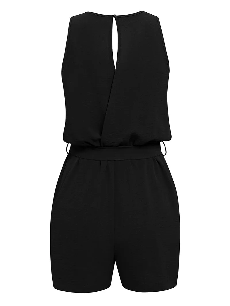 Casual Jumpsuit Lace V-neck Sleeveless Tops Tie-up Shorts