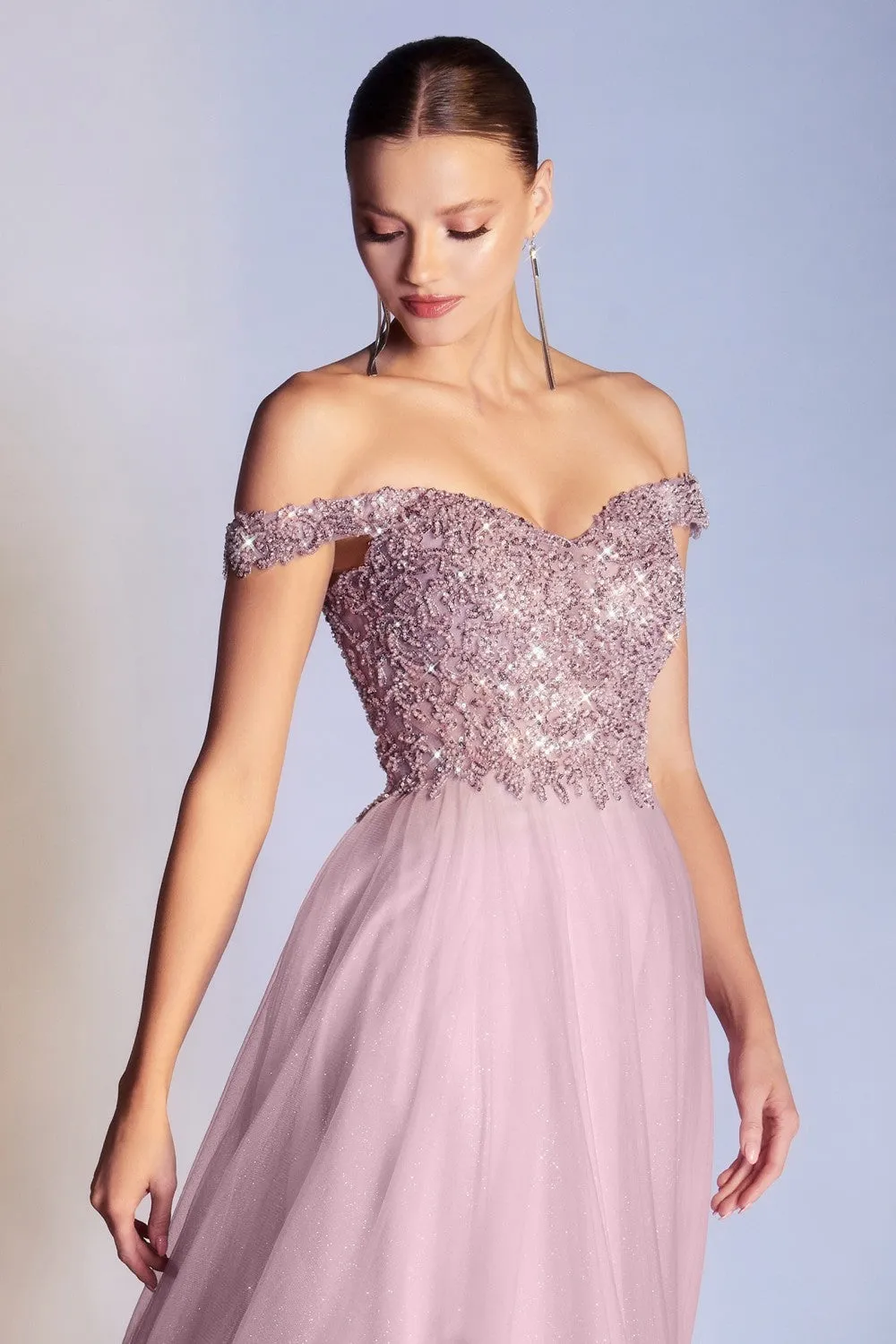 CD CD0177 - A-Line Off the Shoulder with Beaded Bodice Prom Gown with Sweetheart Neck & Layered Shimmering Tulle Skirt