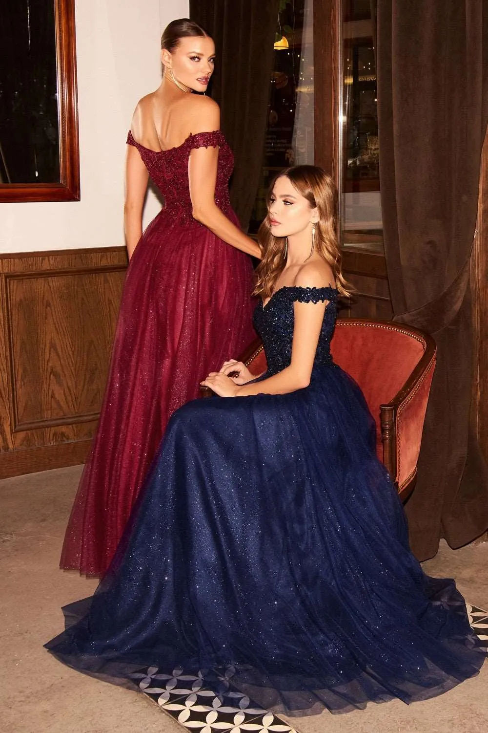 CD CD0177 - A-Line Off the Shoulder with Beaded Bodice Prom Gown with Sweetheart Neck & Layered Shimmering Tulle Skirt