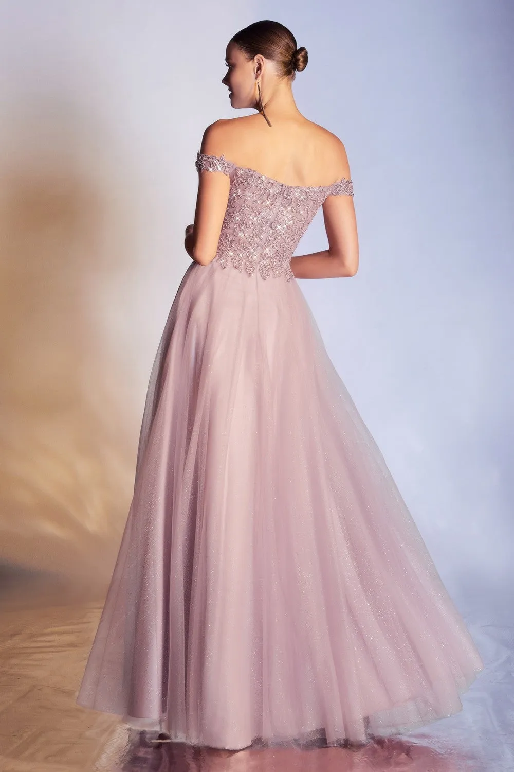 CD CD0177 - A-Line Off the Shoulder with Beaded Bodice Prom Gown with Sweetheart Neck & Layered Shimmering Tulle Skirt