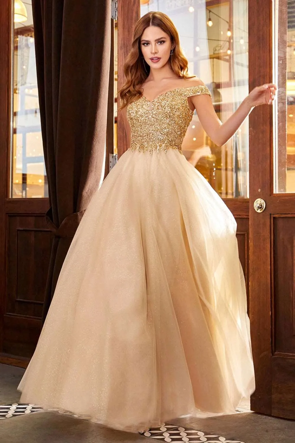 CD CD0177 - A-Line Off the Shoulder with Beaded Bodice Prom Gown with Sweetheart Neck & Layered Shimmering Tulle Skirt