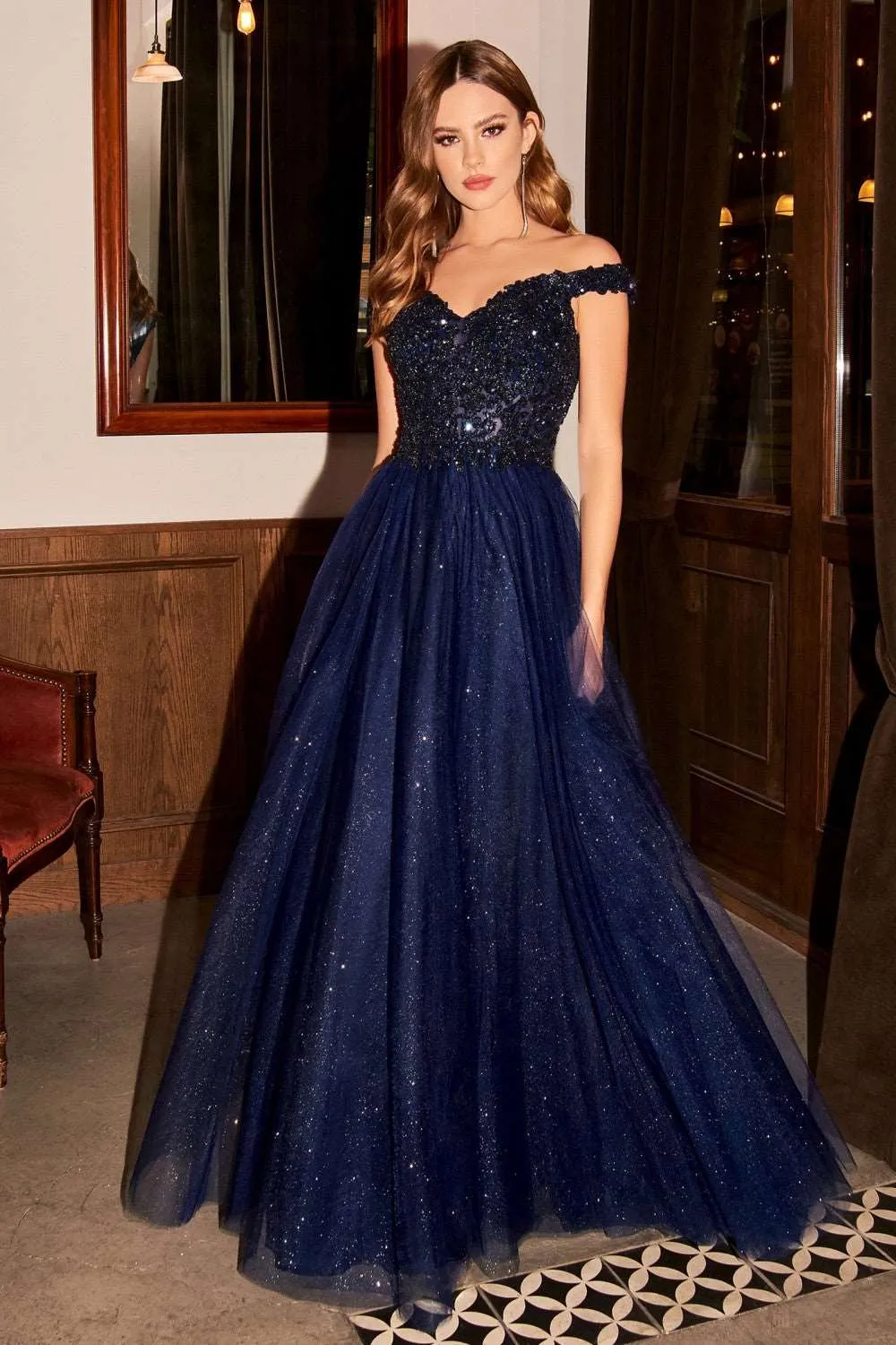 CD CD0177 - A-Line Off the Shoulder with Beaded Bodice Prom Gown with Sweetheart Neck & Layered Shimmering Tulle Skirt
