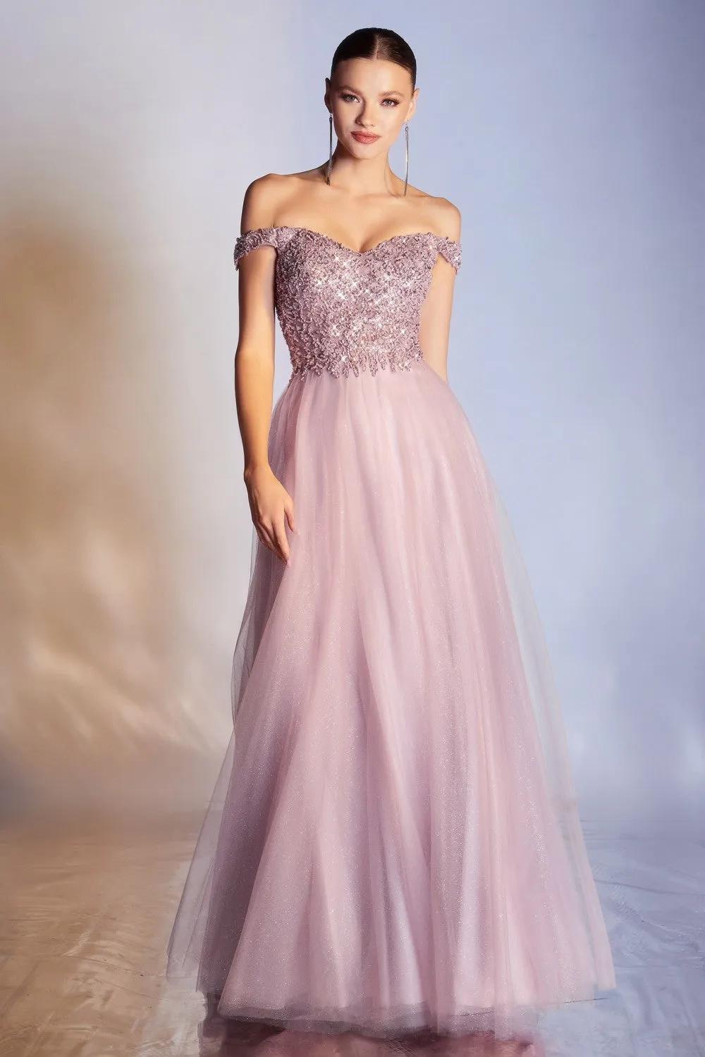CD CD0177 - A-Line Off the Shoulder with Beaded Bodice Prom Gown with Sweetheart Neck & Layered Shimmering Tulle Skirt
