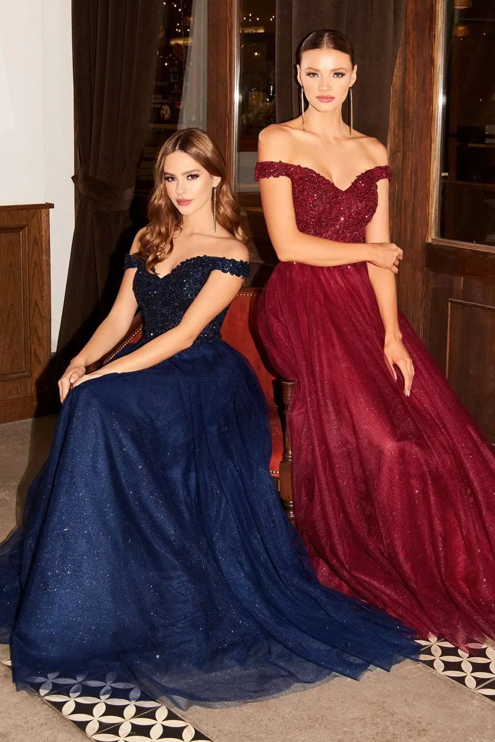 CD CD0177 - A-Line Off the Shoulder with Beaded Bodice Prom Gown with Sweetheart Neck & Layered Shimmering Tulle Skirt