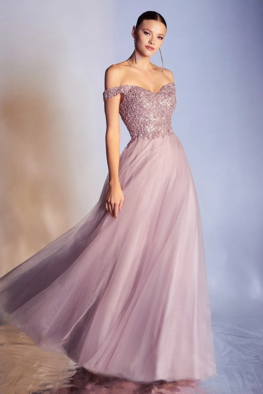 CD CD0177 - A-Line Off the Shoulder with Beaded Bodice Prom Gown with Sweetheart Neck & Layered Shimmering Tulle Skirt