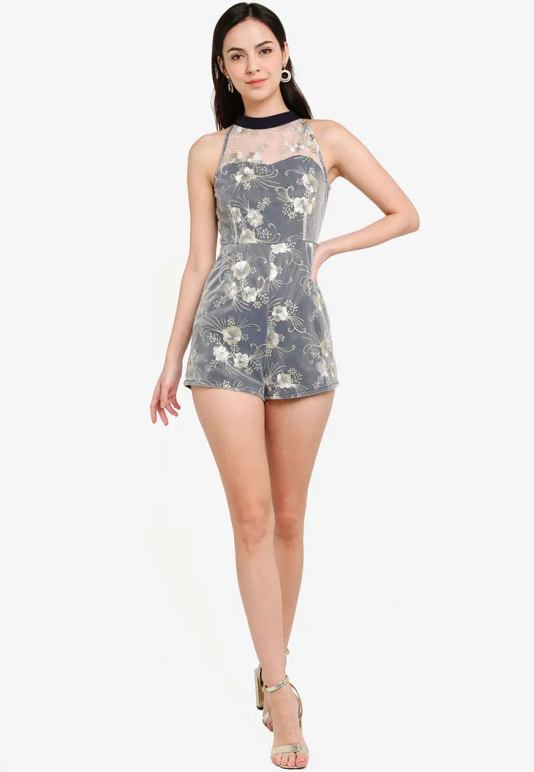 Cerise Mesh Floral Cheongsam Romper in Navy Blue