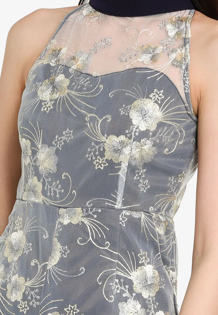 Cerise Mesh Floral Cheongsam Romper in Navy Blue