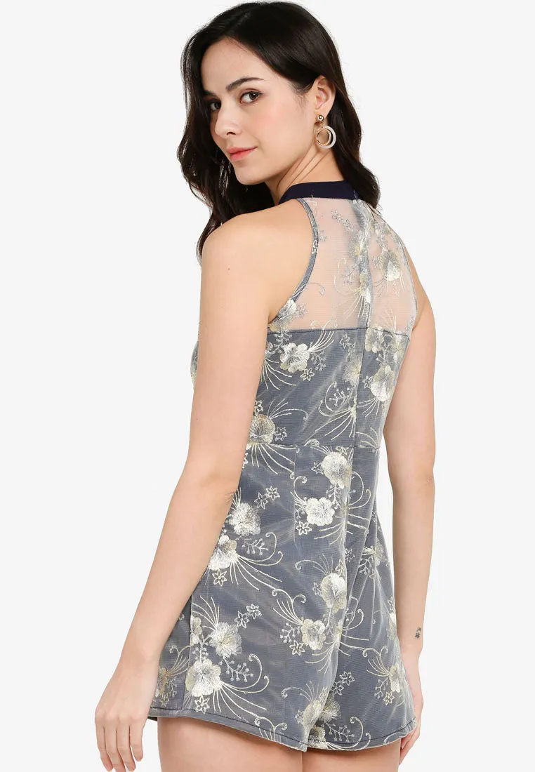 Cerise Mesh Floral Cheongsam Romper in Navy Blue