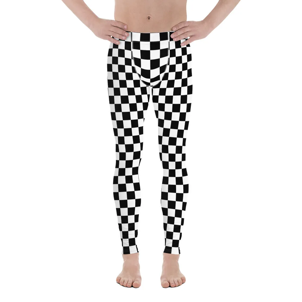 Checkered Men's Leggings, Black White Squares Check Printed Yoga Sports Running Workout Festival Fitness Pants Tights