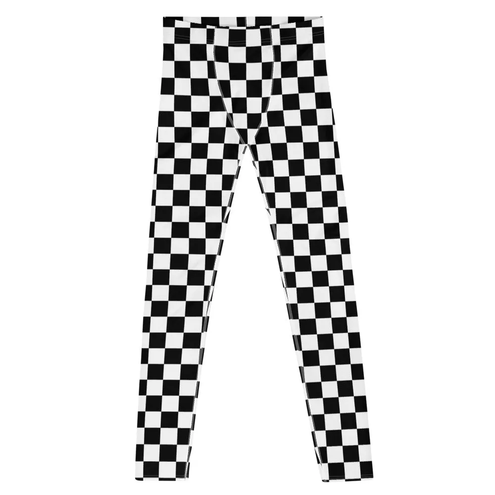Checkered Men's Leggings, Black White Squares Check Printed Yoga Sports Running Workout Festival Fitness Pants Tights