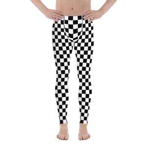 Checkered Men's Leggings, Black White Squares Check Printed Yoga Sports Running Workout Festival Fitness Pants Tights