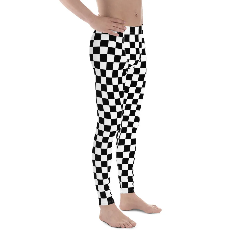 Checkered Men's Leggings, Black White Squares Check Printed Yoga Sports Running Workout Festival Fitness Pants Tights
