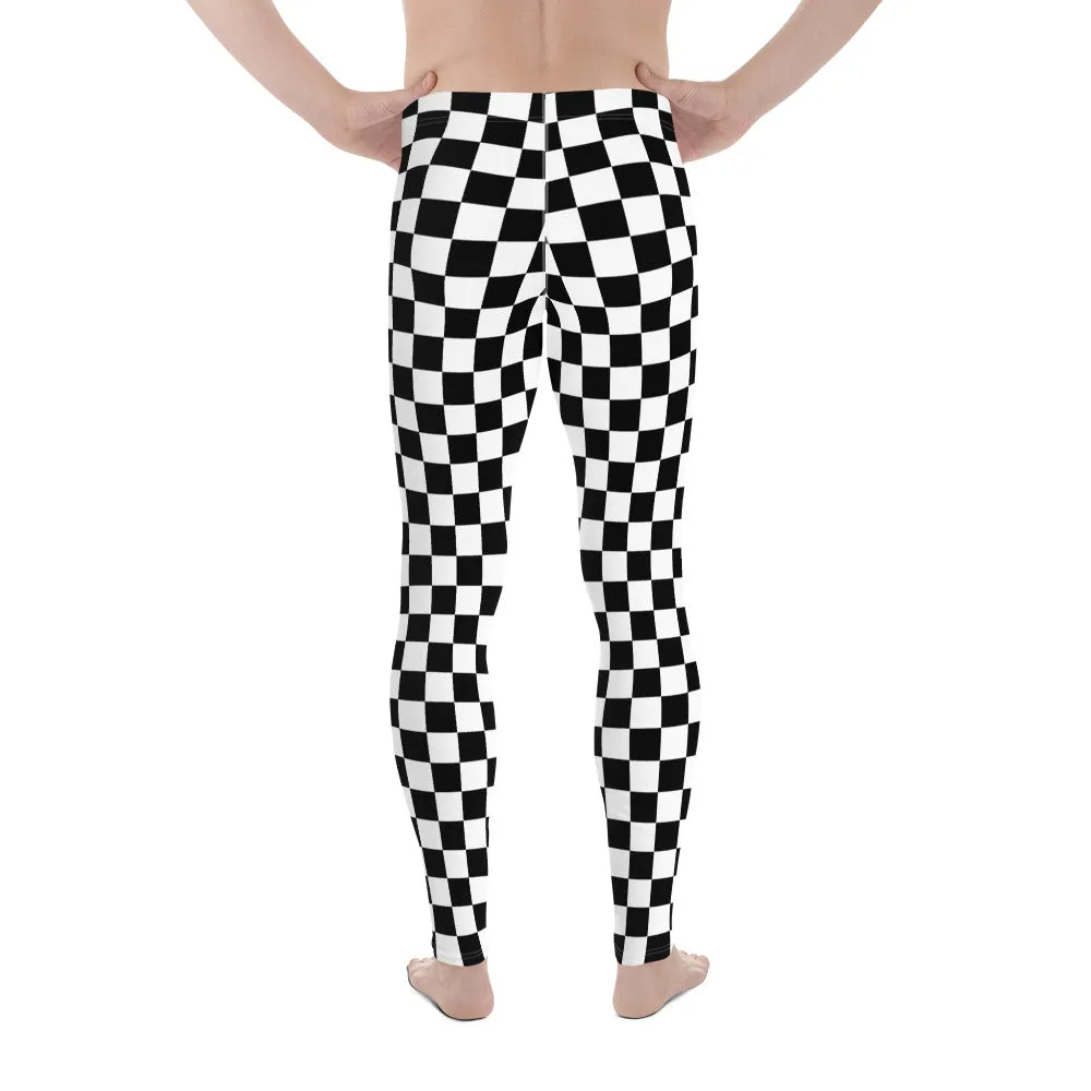 Checkered Men's Leggings, Black White Squares Check Printed Yoga Sports Running Workout Festival Fitness Pants Tights