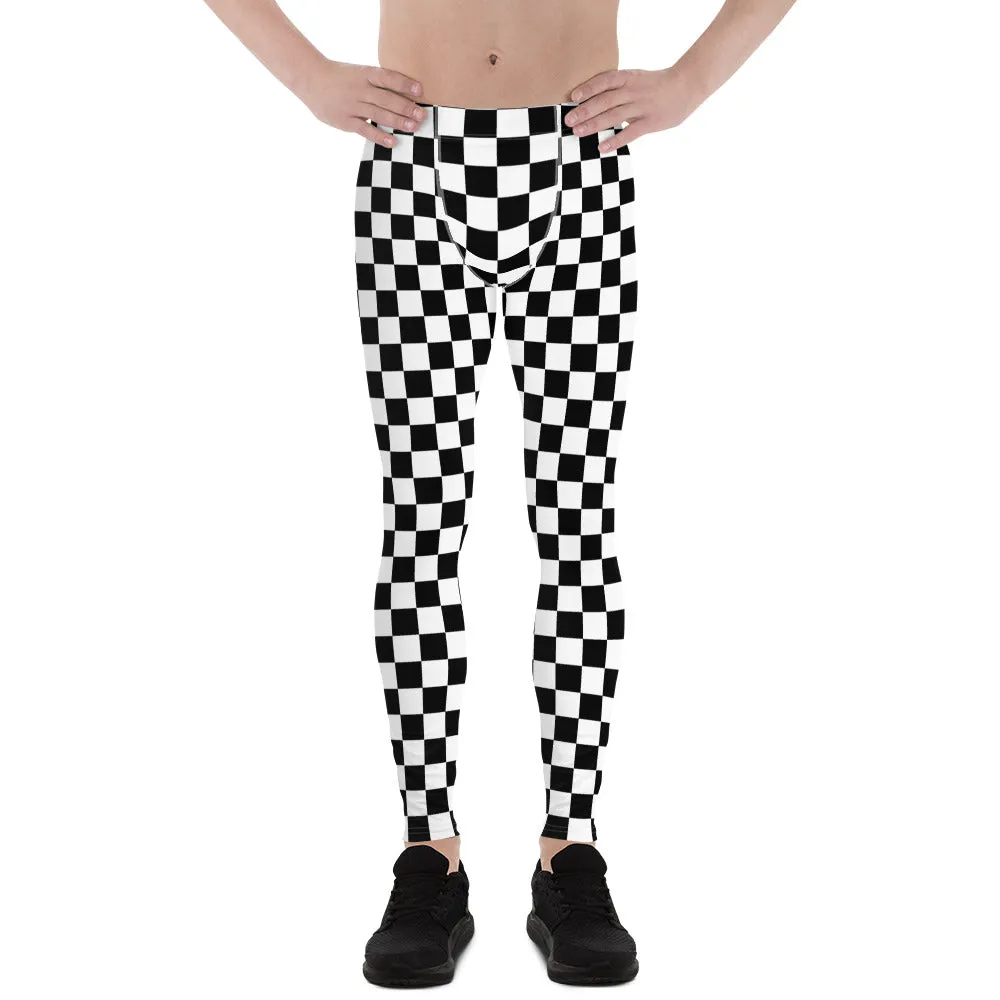 Checkered Men's Leggings, Black White Squares Check Printed Yoga Sports Running Workout Festival Fitness Pants Tights