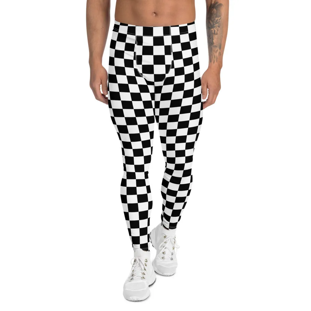 Checkered Men's Leggings, Black White Squares Check Printed Yoga Sports Running Workout Festival Fitness Pants Tights