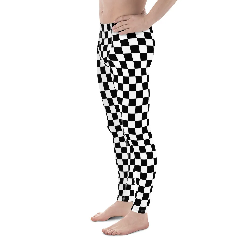 Checkered Men's Leggings, Black White Squares Check Printed Yoga Sports Running Workout Festival Fitness Pants Tights