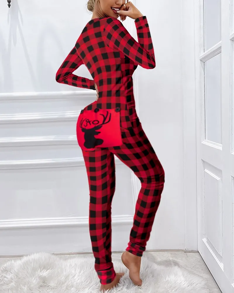 Christmas Graphic Plaid Print Functional Buttoned Flap Adults Pajamas
