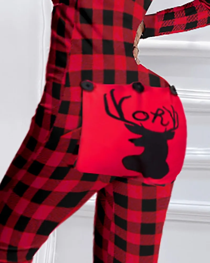 Christmas Graphic Plaid Print Functional Buttoned Flap Adults Pajamas
