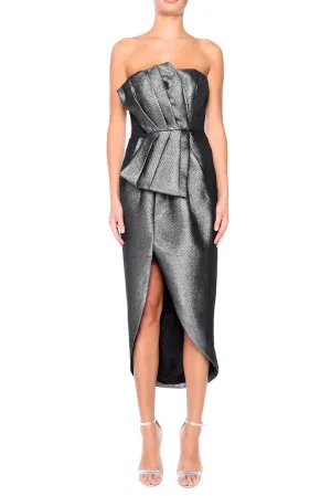 Clover Gunmetal Jacquard Strapless Tulip Midi Dress