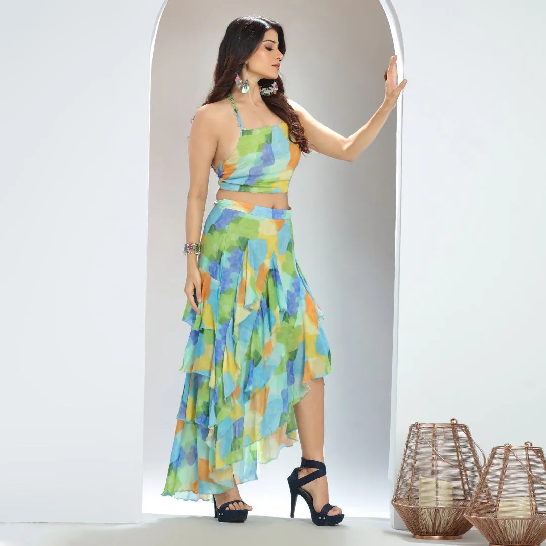 Colorful Halter Top and High-Low Layered Skirt Set with Coin Latkans