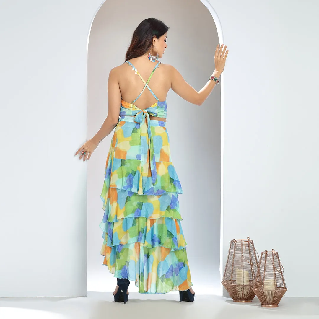 Colorful Halter Top and High-Low Layered Skirt Set with Coin Latkans