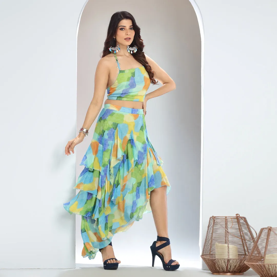 Colorful Halter Top and High-Low Layered Skirt Set with Coin Latkans
