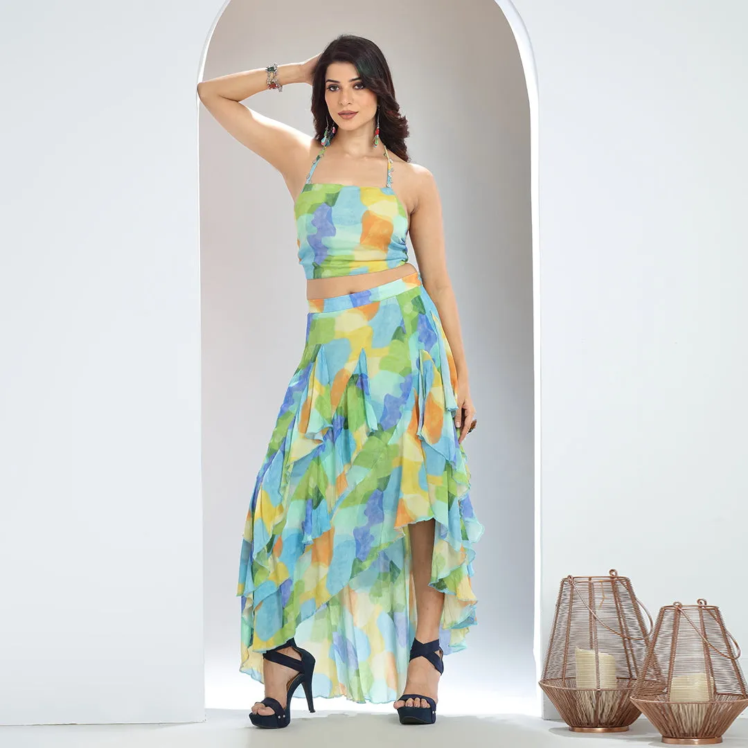 Colorful Halter Top and High-Low Layered Skirt Set with Coin Latkans