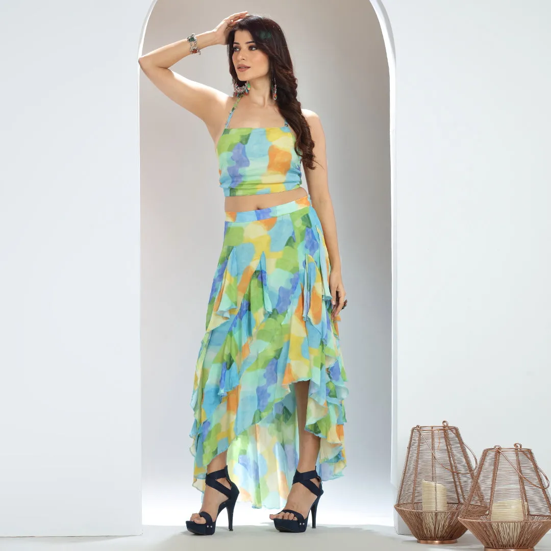 Colorful Halter Top and High-Low Layered Skirt Set with Coin Latkans