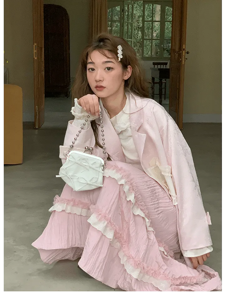 Coquette Sweet Pink Lace Layered Long Gathered Skirt