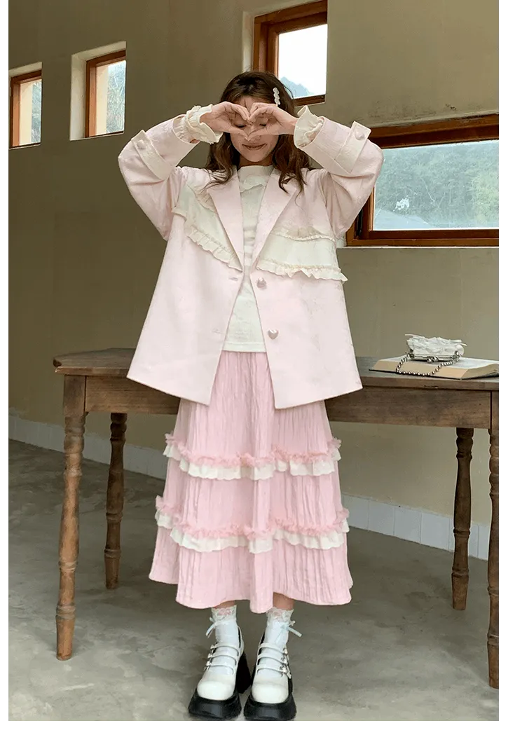 Coquette Sweet Pink Lace Layered Long Gathered Skirt