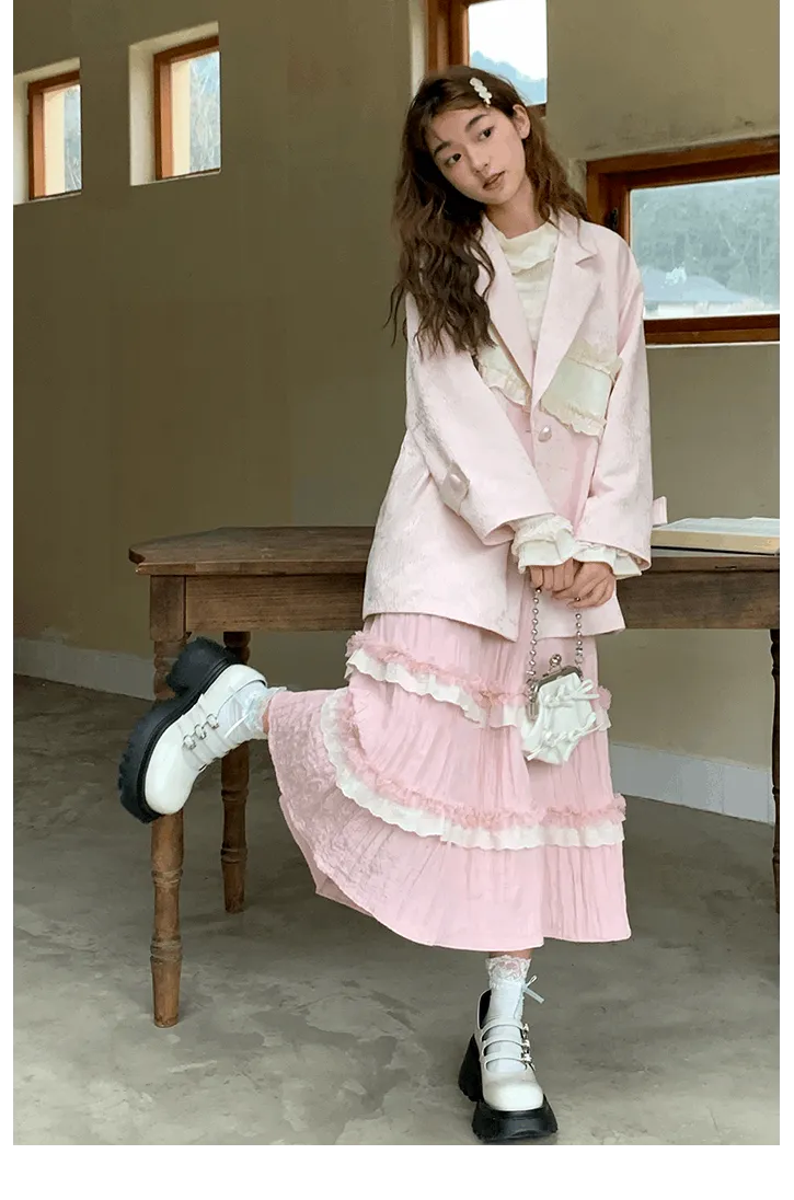 Coquette Sweet Pink Lace Layered Long Gathered Skirt