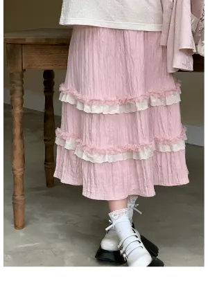 Coquette Sweet Pink Lace Layered Long Gathered Skirt