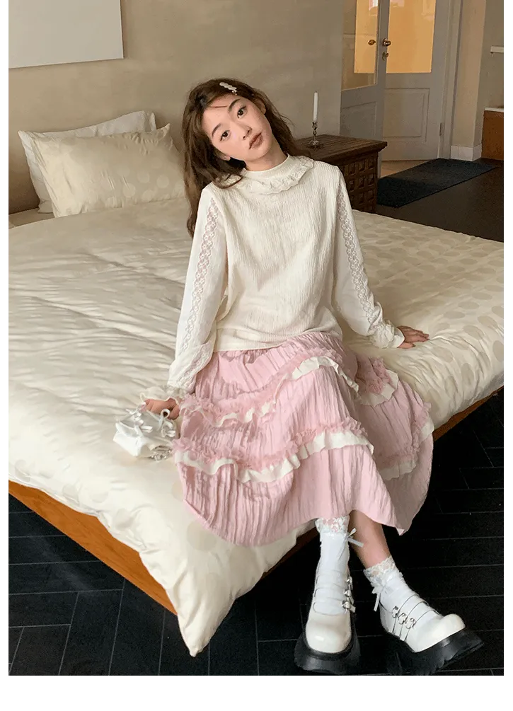 Coquette Sweet Pink Lace Layered Long Gathered Skirt