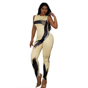 Cream Ladies Skin Tight Jumpsuit with Black Abstract Designs