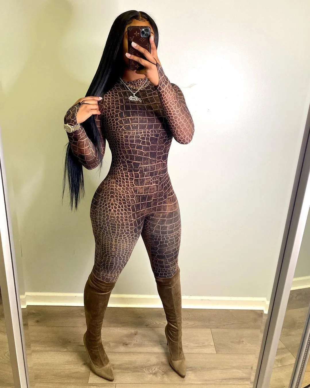 Crocodile Skin Pattern Mesh Bodysuit