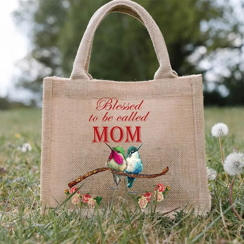 Custom Birds Family Burlap Tote Functional Jute Handbag Purses