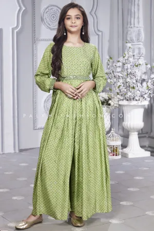 Delightful Pestle Green Girls Jumpsuit With Tempting Style