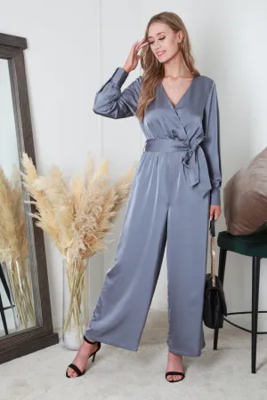 Double Second Silver/blue Lux Satin Wrap Jumpsuit