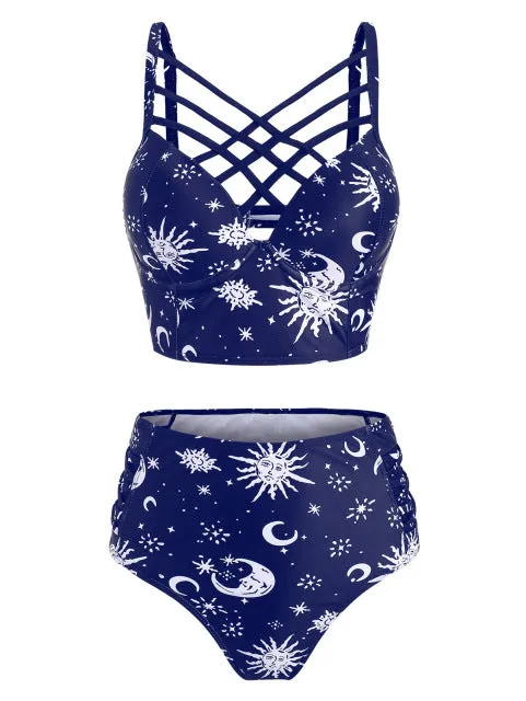 'Eclipse' Sun and Moon Two Piece Swimwear Set. Black & White.