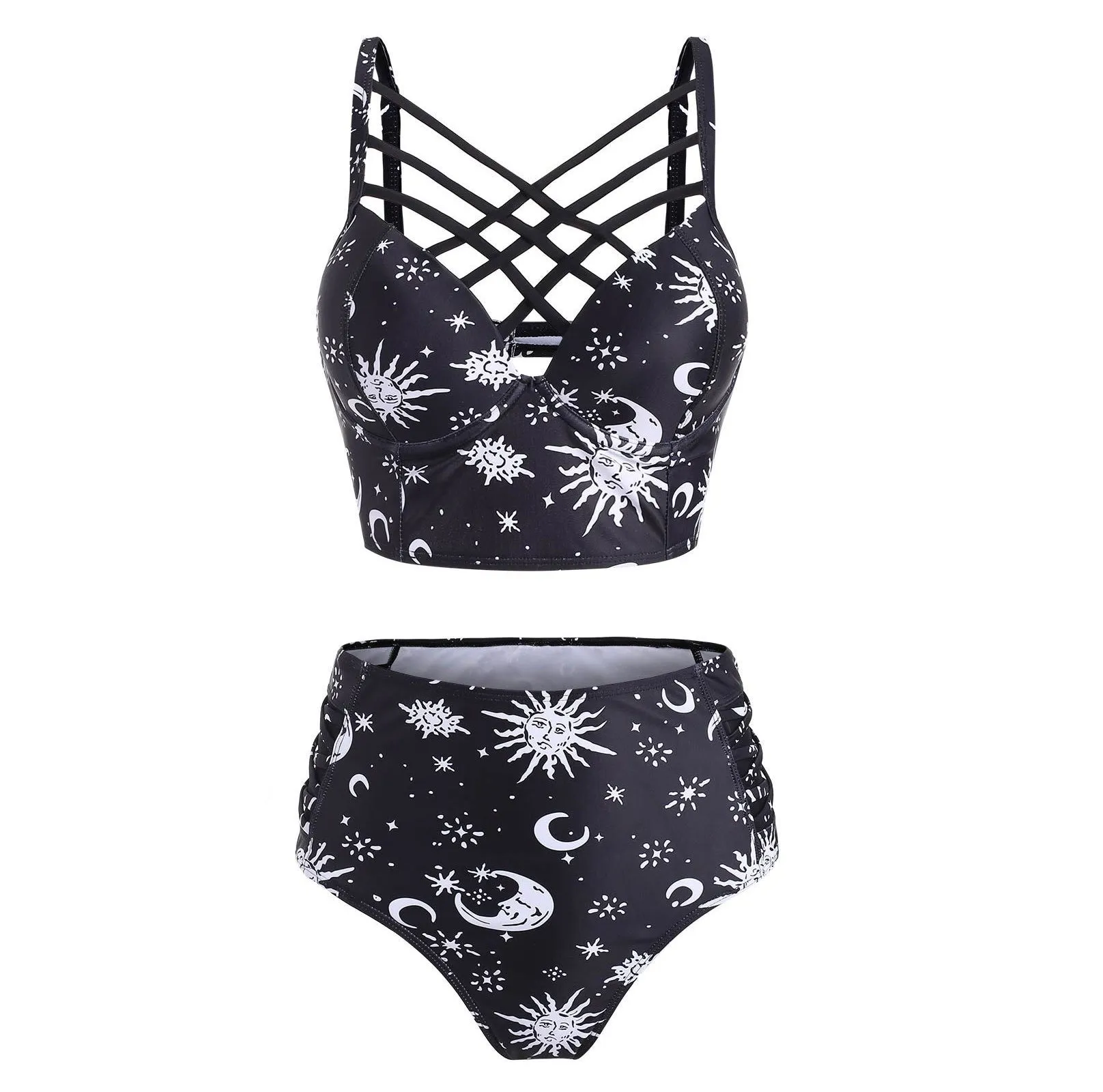 'Eclipse' Sun and Moon Two Piece Swimwear Set. Black & White.
