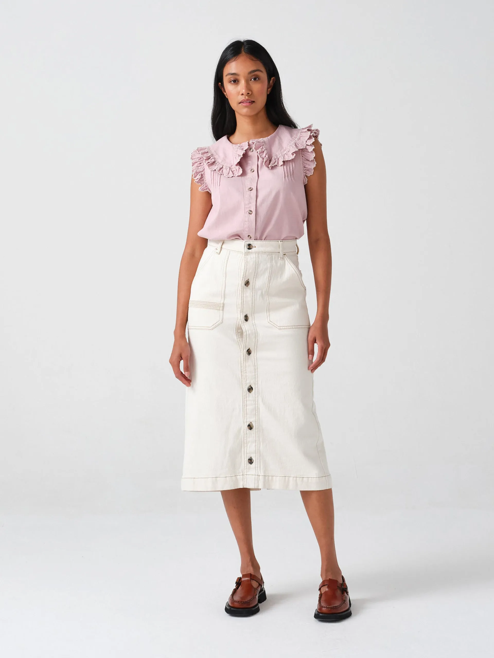 Ecru denim Elodie midi skirt