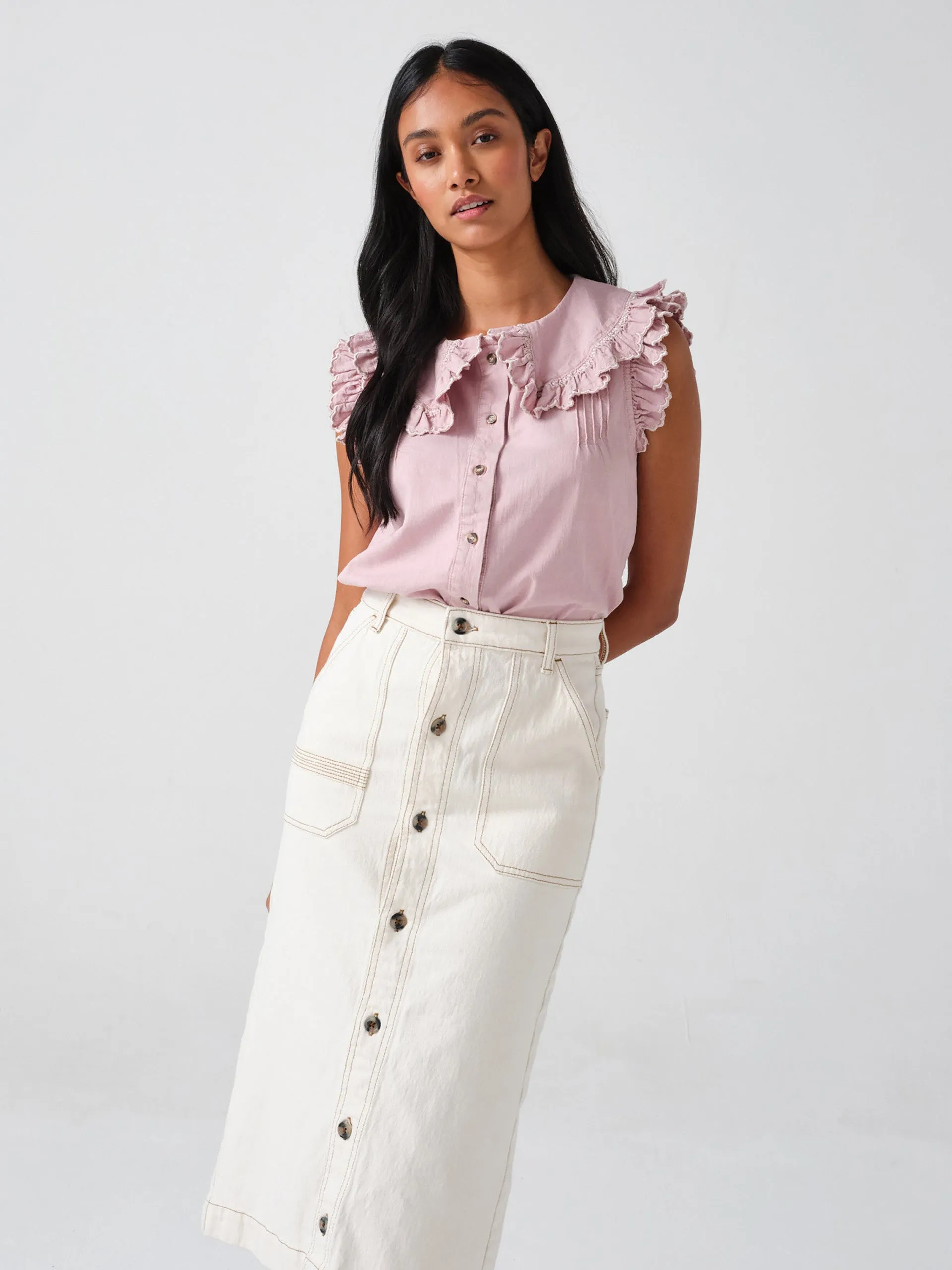 Ecru denim Elodie midi skirt