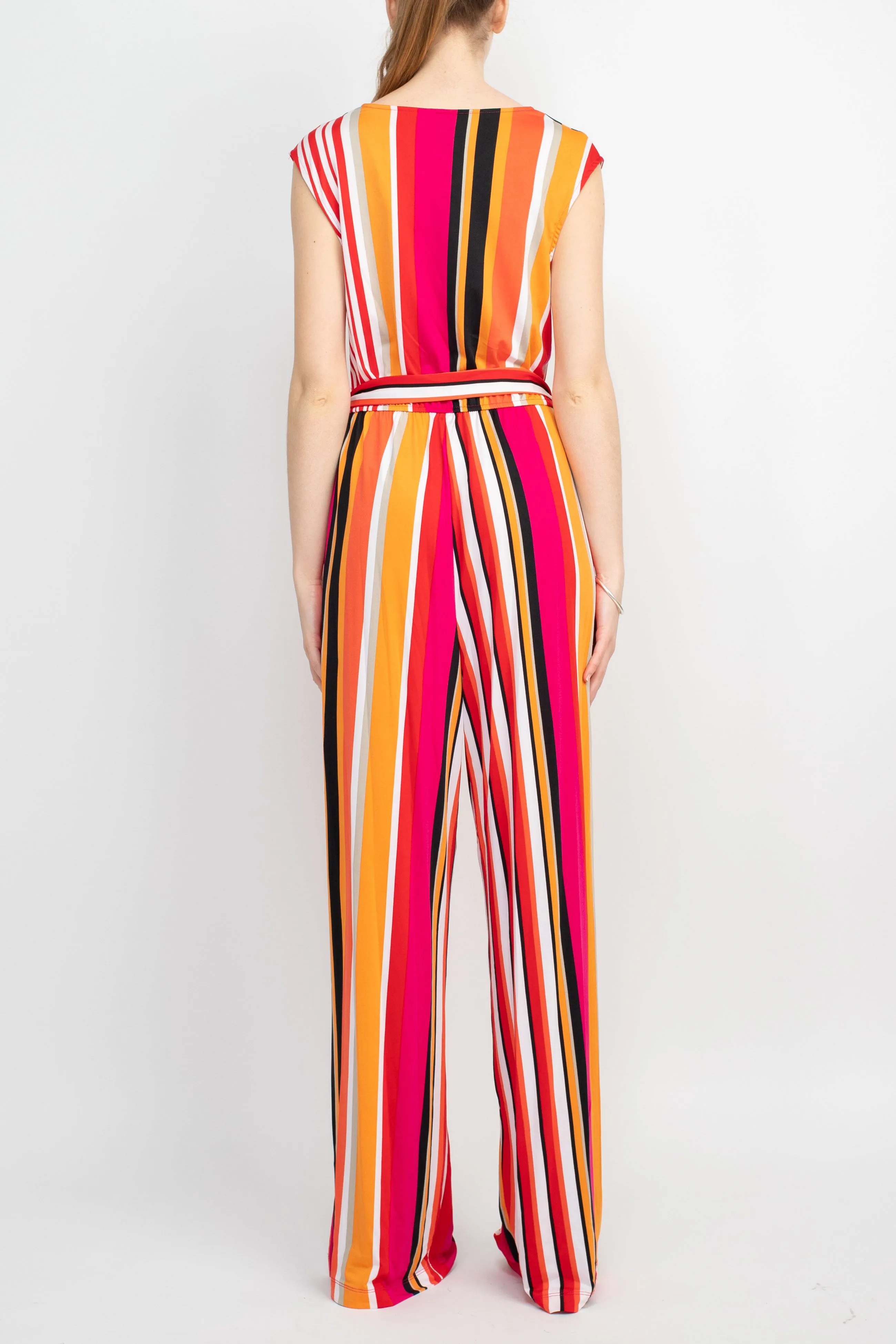 Emma & Michele V-Neck Mock Wrap Top Tie Waist Tripe Print ITY Jumpsuit by Curated Brands